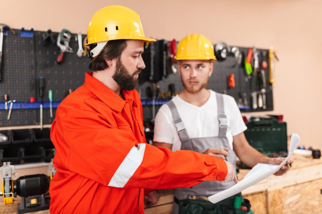 Two builders in work clothes and hardhats working in workshop wi
